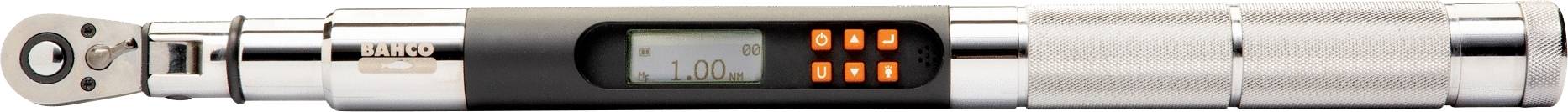 Digital torque wrench with LED display showing 5.9 Nm, surrounded by smooth, silver and black grip surfaces.