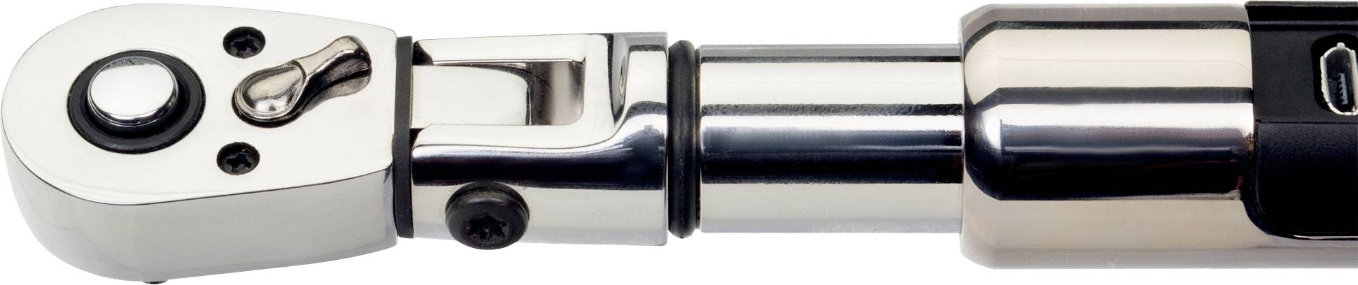 Close-up of a chrome-plated torque wrench with a ratchet head, on a white background.