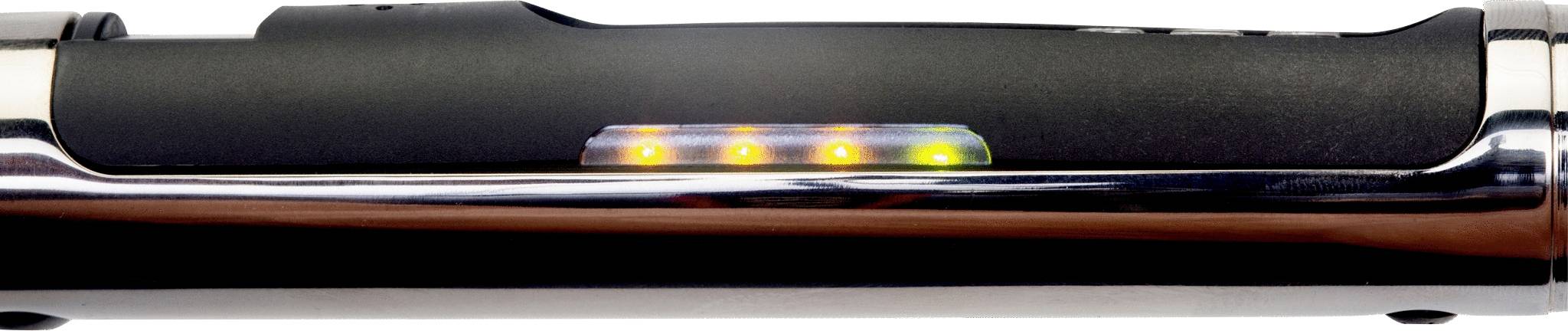 Close-up of a black laser pointer with five illuminated indicator lights in various colours, ranging from red to green.