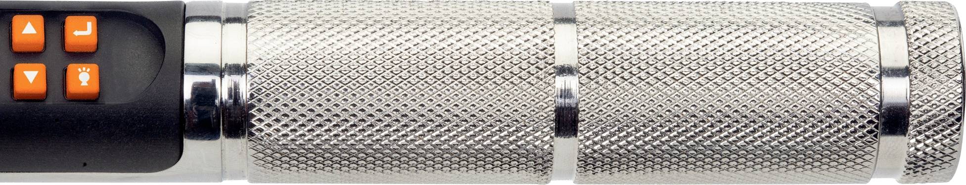 Metallic handle with a textured surface and orange square buttons on the side.