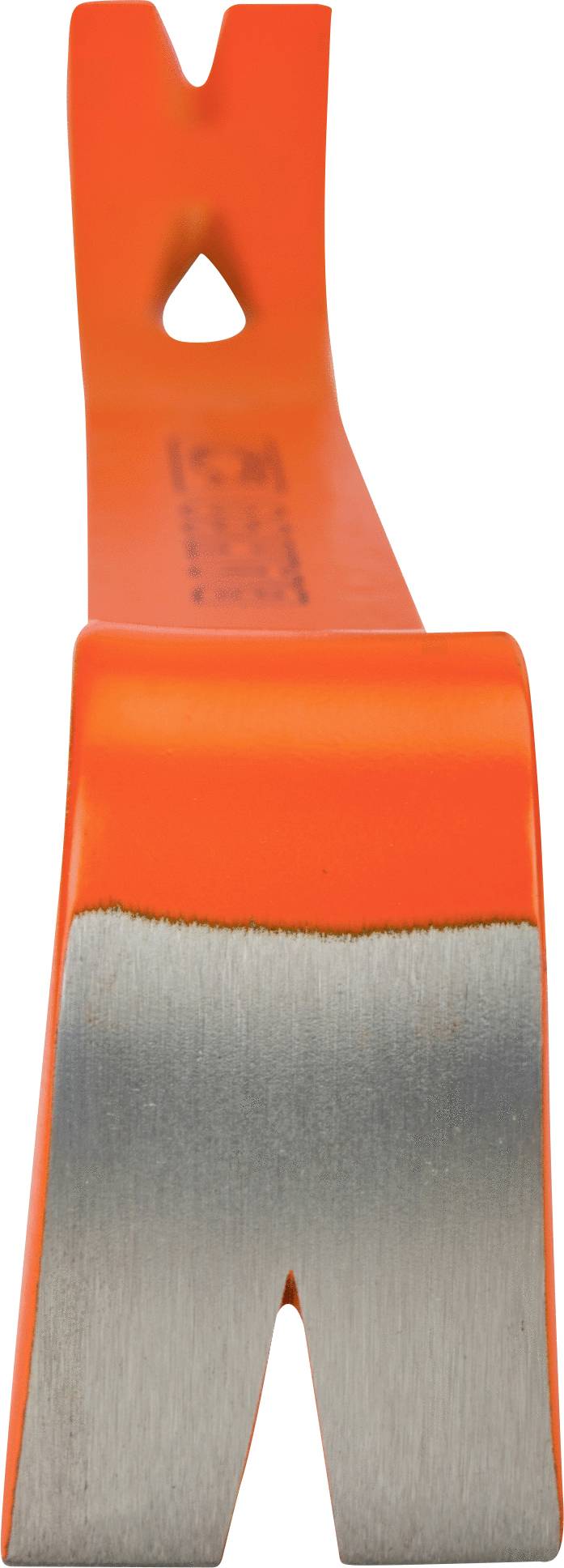 A metallic orange crowbar with a blade-like cut-out at one end, suitable for removing nails and prying work.