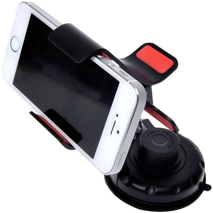 A smartphone, fixed in a black and red vehicle mount with a suction cup, shows a horizontal orientation.