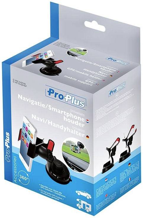 Smartphone holder in packaging; suitable for car navigation. Shows a smartphone mounted on the holder. 360-degree rotation possible.