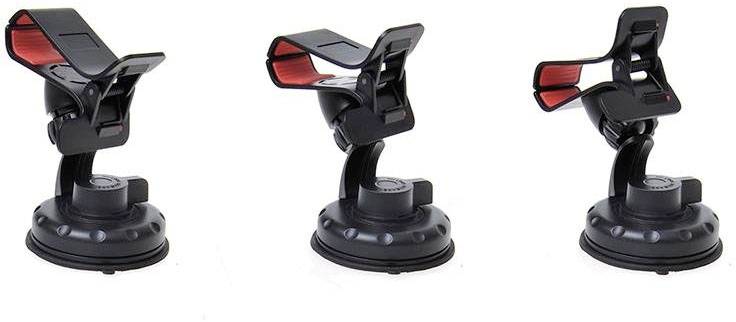 Three black mobile phone holders with red accents. They demonstrate different mounting angles for versatile use in a vehicle.