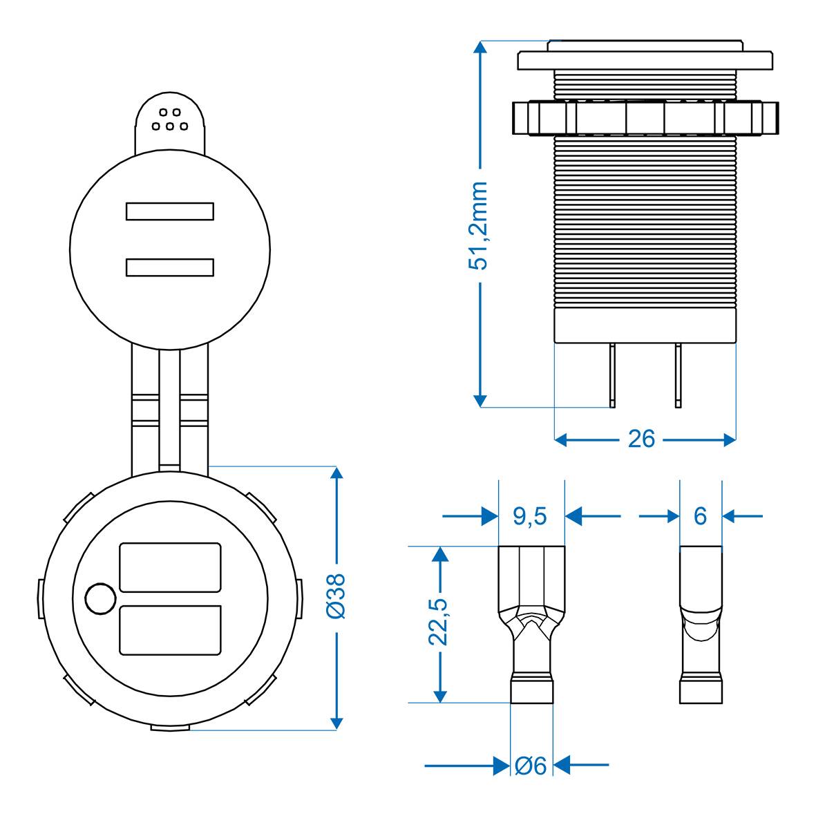 ProPlus USB double built-in socket 2x2100mA 12 - 24V / DC-6
