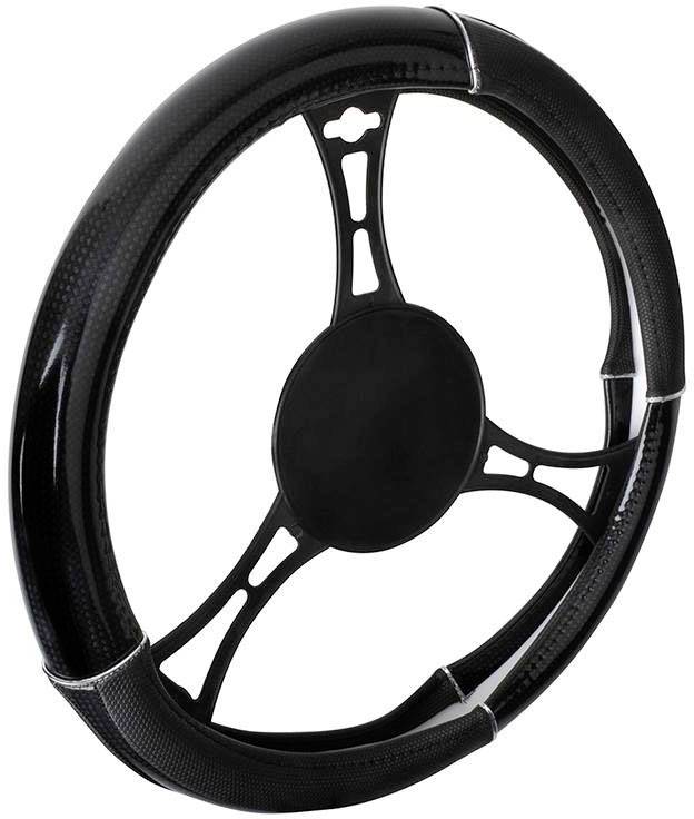 Black steering wheel with a smooth edge and three thin spokes. Suitable for cars and bicycles.