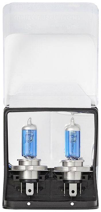 Two blue halogen lamps in a plastic packaging. Ideal for car headlights, they provide a clear and bright illumination.