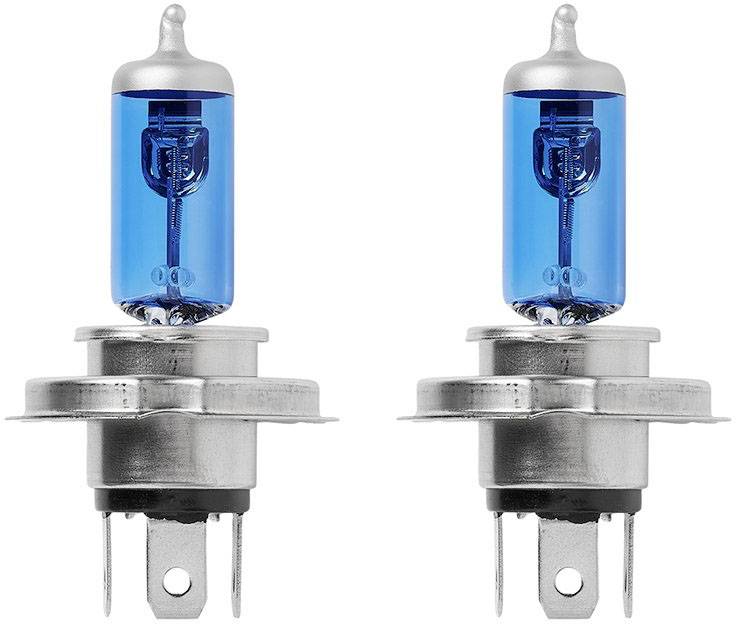 Two identical blue halogen lamps side by side on a white background, each with a metal fitting and visible filament.