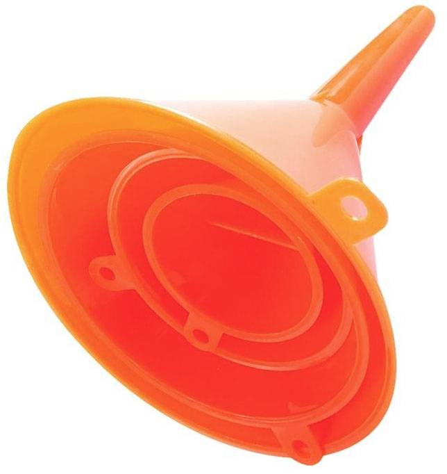 Orange plastic funnel with multiple filling rings, ideal for filling bottles and containers.