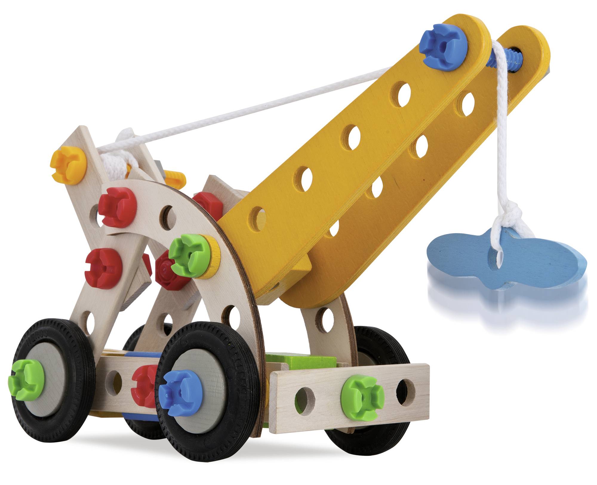 A colourful wooden toy in the shape of a mobile catapult with wheels. It is assemblable and stands stably on a flat surface.