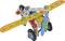 A colourful model kit made of wood and plastic representing an aircraft. It features wheels, a propeller, and wings that are assembled by screwing together.