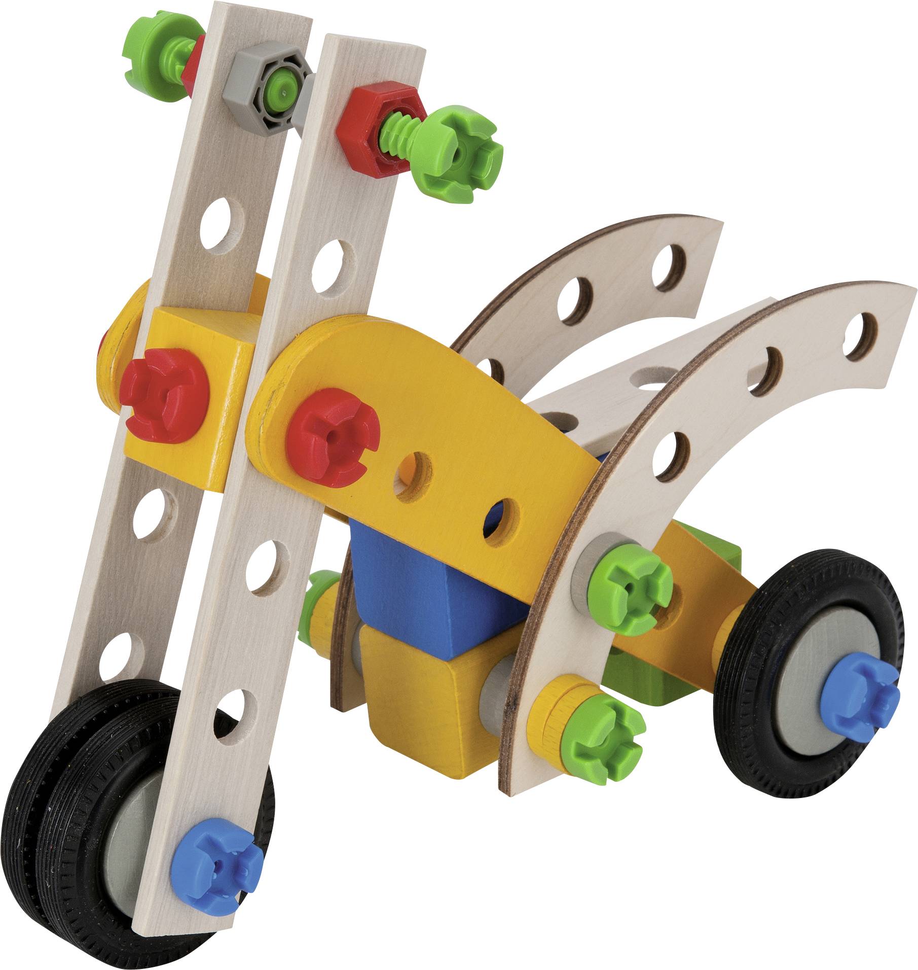 A colourful wooden toy in the shape of a small vehicle with wheels, screws and nuts, which promotes creativity and hand-eye coordination.