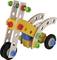 A colourful wooden toy in the shape of a small vehicle with wheels, screws and nuts, which promotes creativity and hand-eye coordination.
