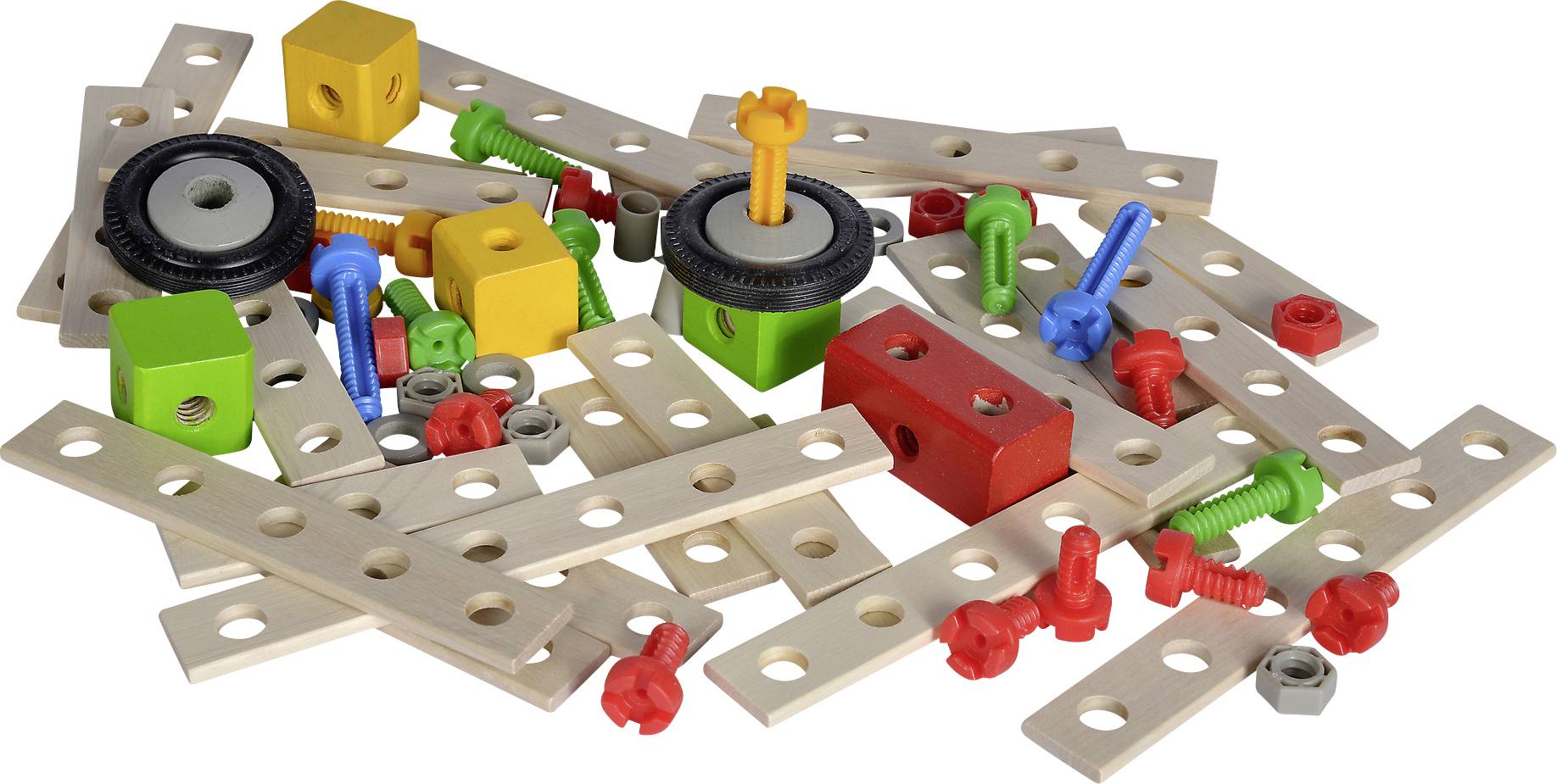 Various colourful building blocks and components made of wood and plastic for assembling and playing.