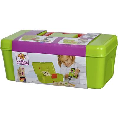 A child is playing with a green construction set, which contains 70 pieces. The packaging reads 'Eichhorn Constructor', suitable for ages 3 and up.