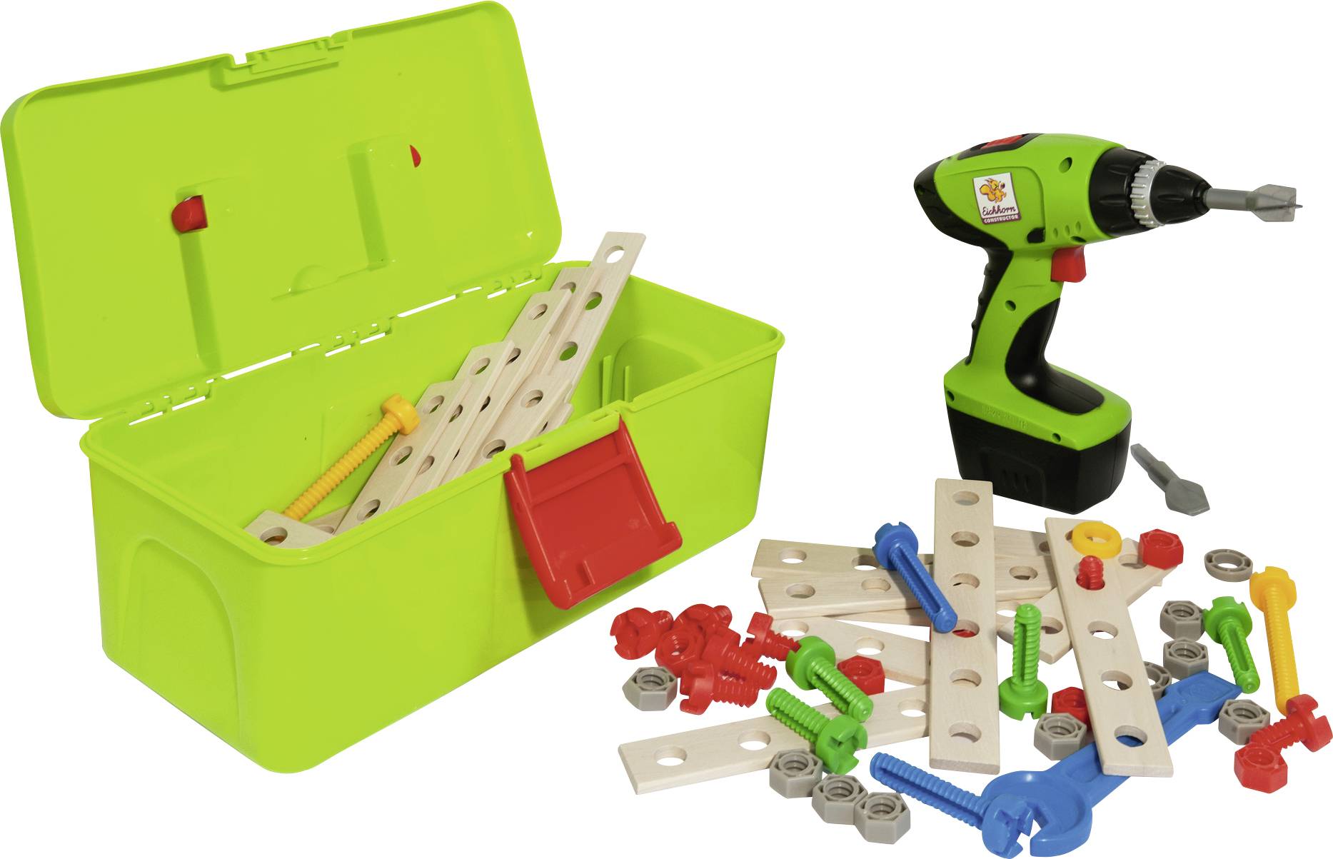 Toolset for children with green cordless screwdriver, colourful screws, nuts and perforated plates, perfect for role-playing and crafting.