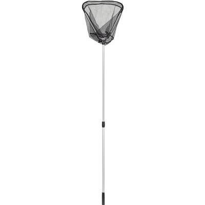 A long-handled black and silver fishing net with a triangular net head, used for catching fish or other aquatic creatures.