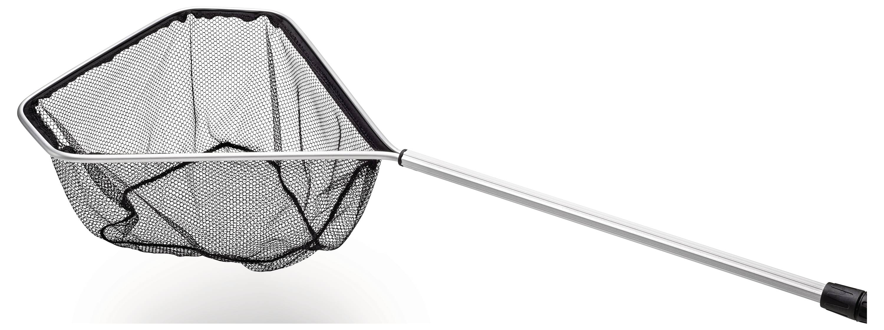 'A fishing net with a long metal handle and a large black mesh netting for catching fish. The net is designed for use in fishing.'