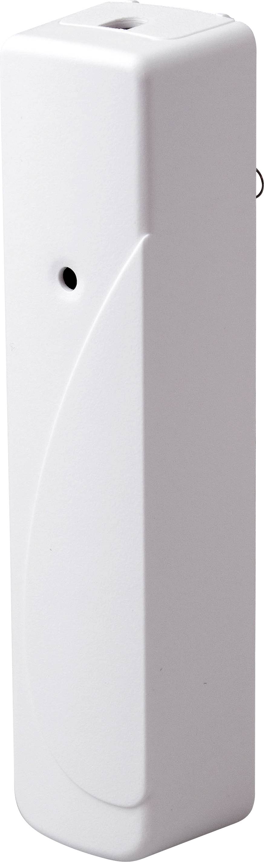 A white, rectangular room sensor with rounded edges, positioned vertically. Contains a visible hole for detection functions.