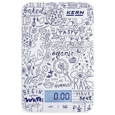 Digital kitchen scales with a white background and blue, food-related illustrations. Display shows 0.00.