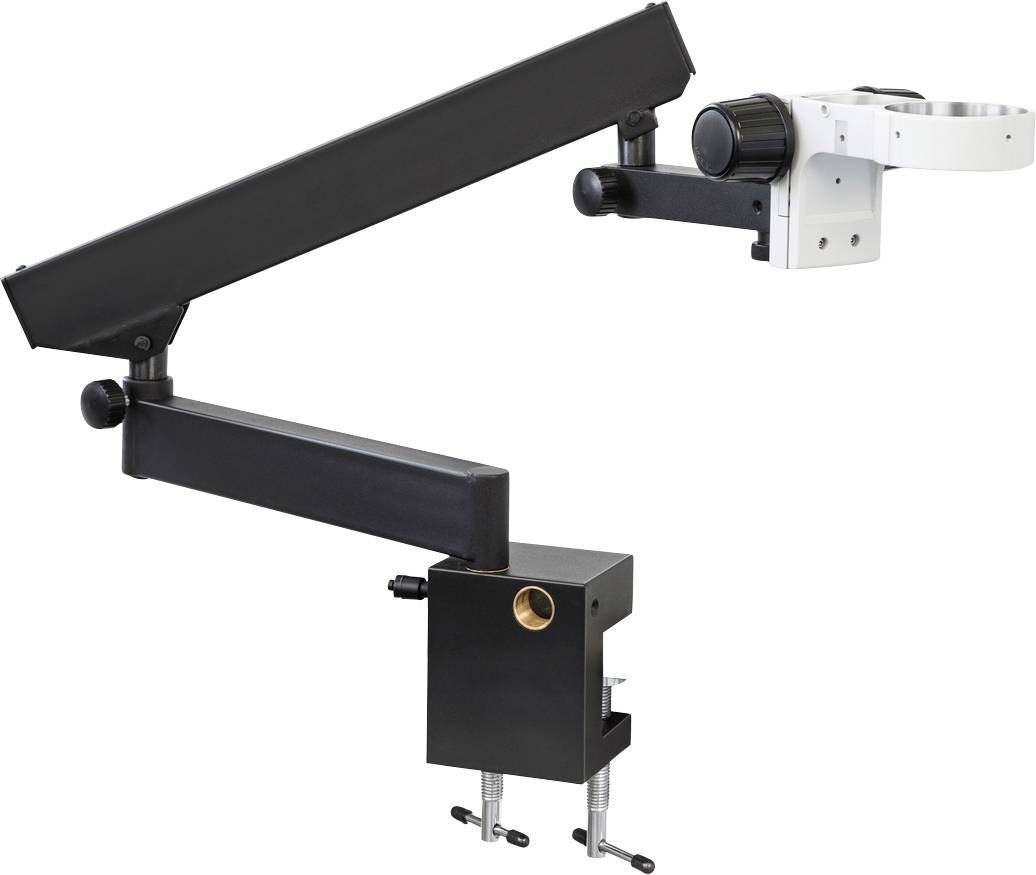 Microscope swing arm with clamp, enables flexible positioning and stability for precision work.