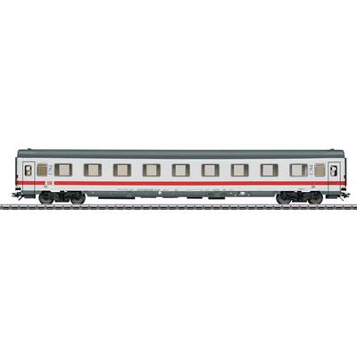 Silver passenger train viewed from the side with red stripes, positioned on a railway track. Seven windows and a large Deutsche Bahn logo are visible.