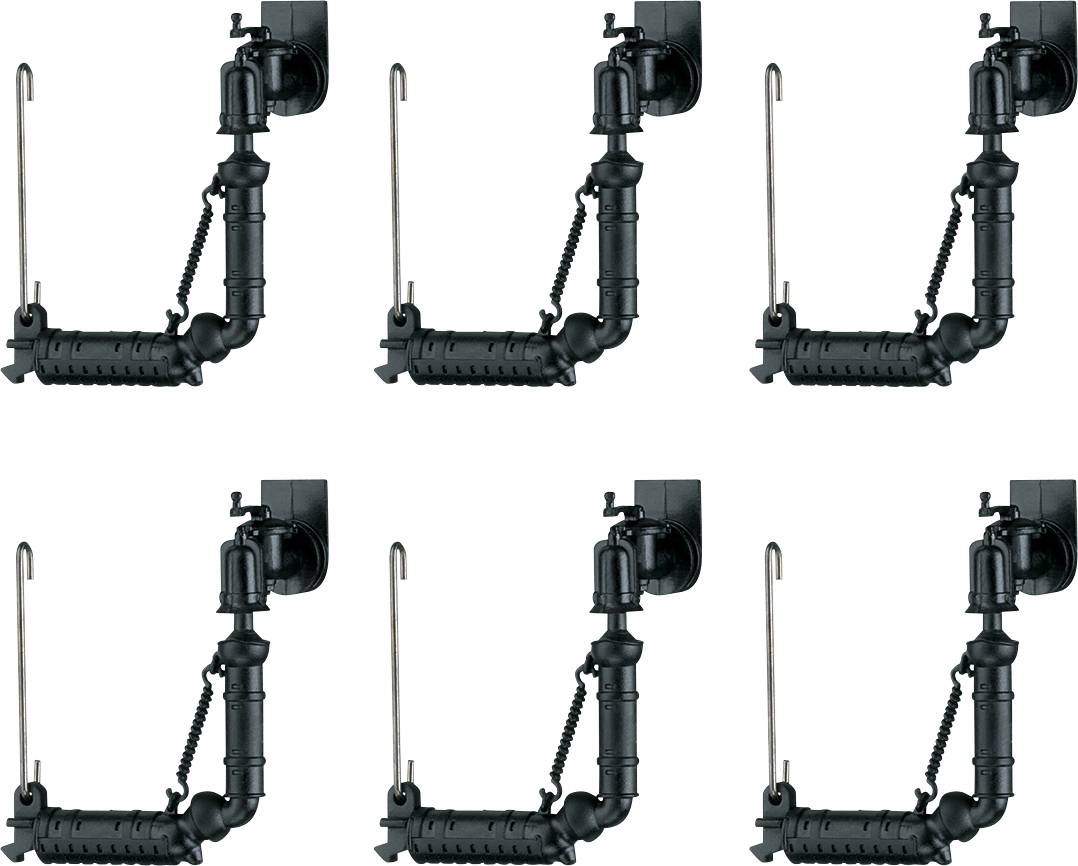 Six identical black wall brackets with hooks and springs, evenly arranged in two rows.