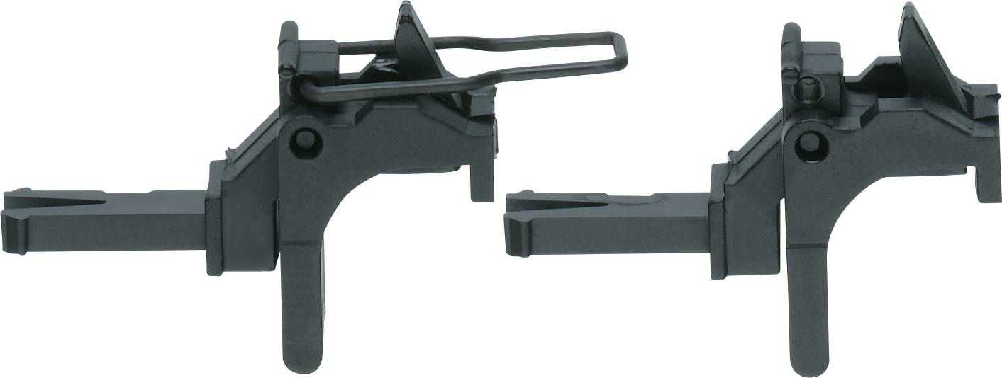 Two black metal components with foldable parts, positioned side by side, possibly intended for assembly or fastening.