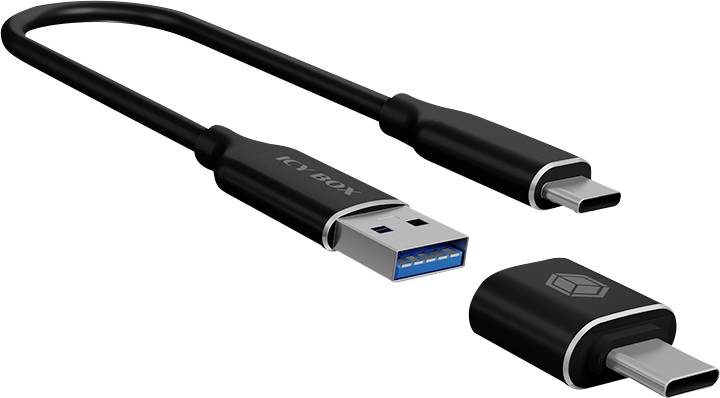 A USB cable with both ends visible: a conventional USB connection and a USB-C connection; alongside a USB-C adapter.