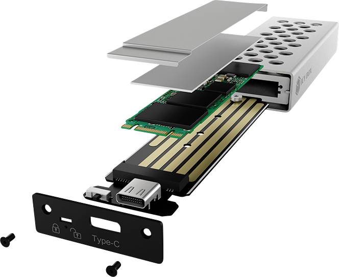 Exploded diagram of a technological device: housing, circuit board and connection plate are shown.