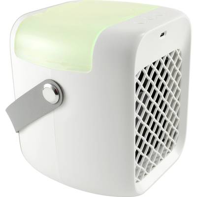 A white portable mini air cooler with a grille on the front and a green light on top. Ideal for small rooms.