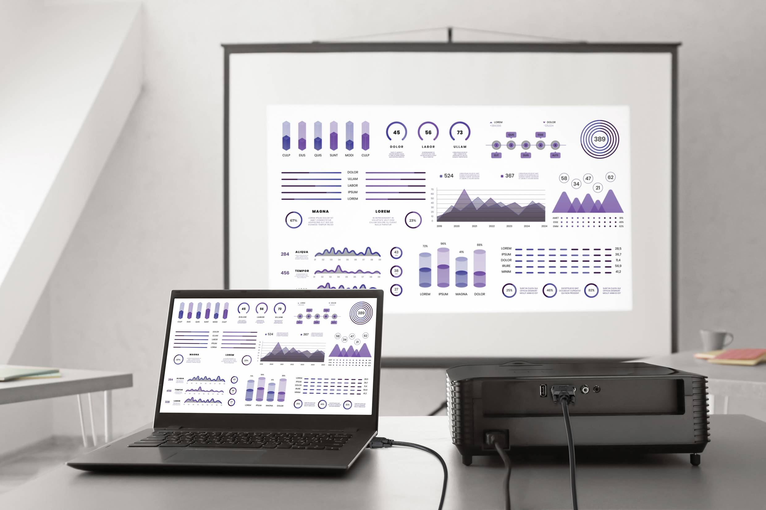 Laptop connects to a projector, displaying charts on screen: bar graphs, line charts, and infographics for data analysis.