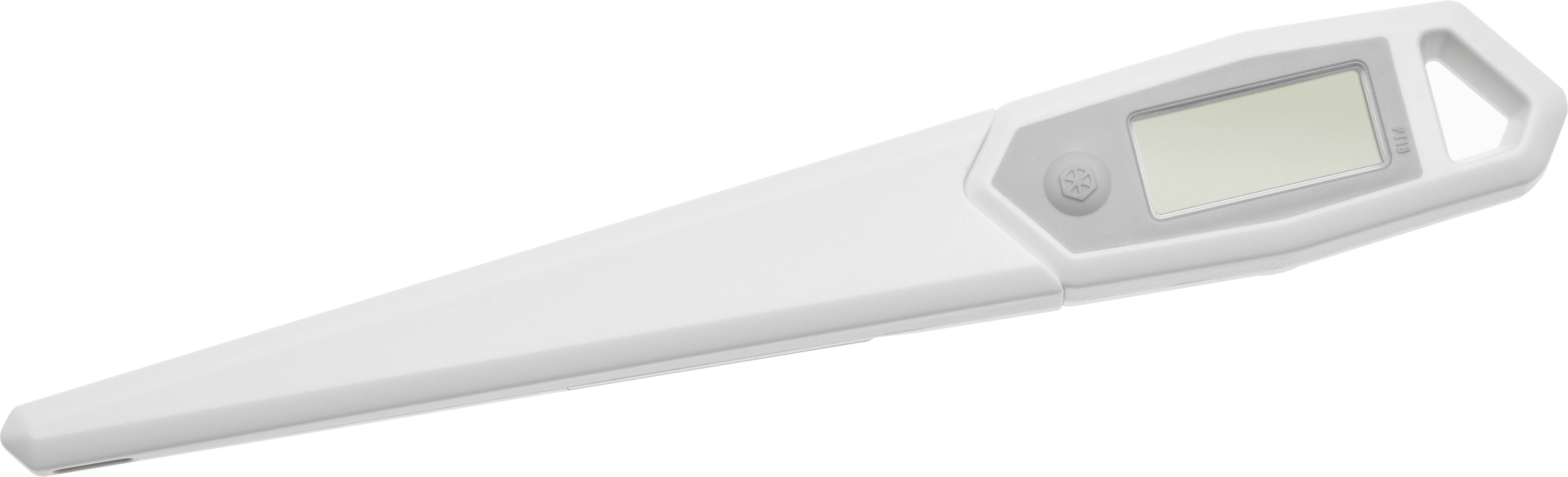 White digital thermometer with display, shown without current temperature reading.