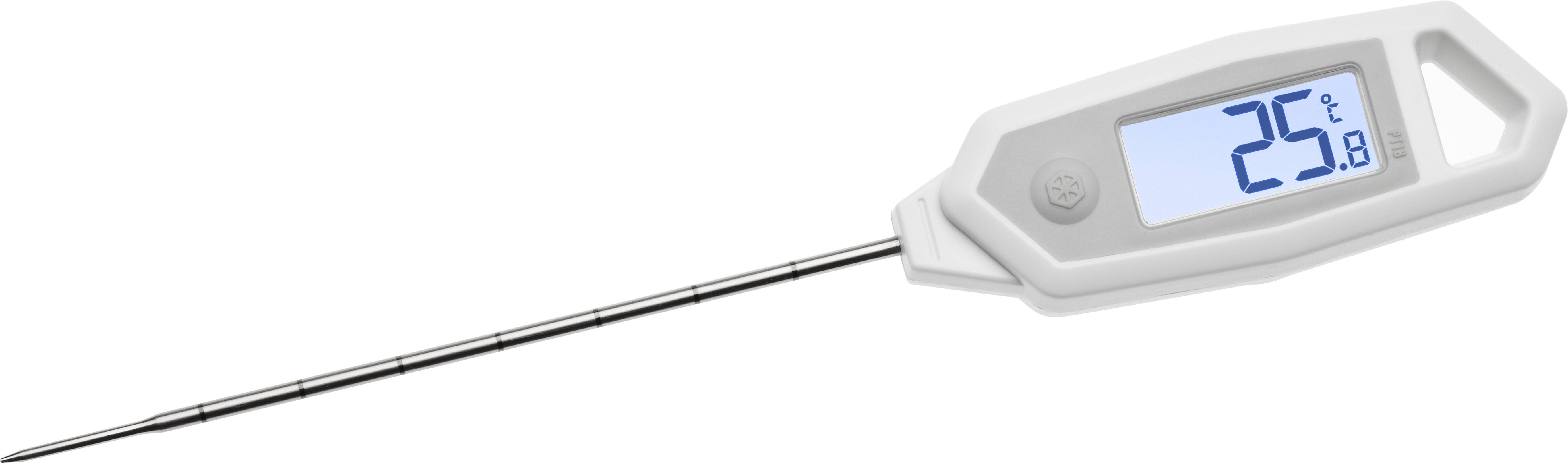 Digital kitchen thermometer with metal probe, displaying 25 degrees Celsius on an illuminated screen.