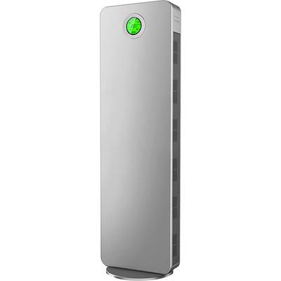 Silver, rectangular air purifier with digital display on the front. The display shows a green indicator for the air quality status.