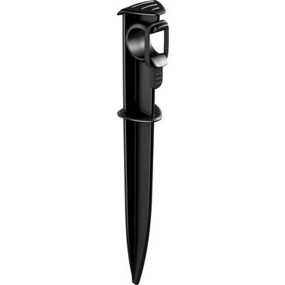 A black plastic ground stake with an adjustable nozzle holder for garden irrigation systems.