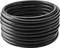 Black, coiled garden hose, round and sturdy. Ideal for garden irrigation or household purposes.