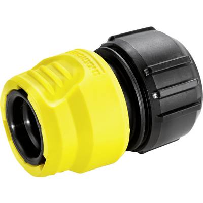 Yellow and black garden hose connector, shown enlarged, demonstrates the design and material structure.