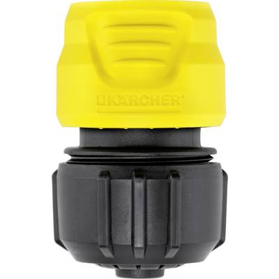 A yellow and black Kärcher hose connector, designed for a robust and tight connection of garden hoses.