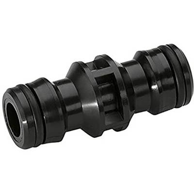 Black plastic connector with double push-fit connection, suitable for hose connections.