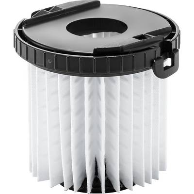 A cylindrical HEPA filter with a black plastic lid and white pleats for air purification, isolated on a white background.