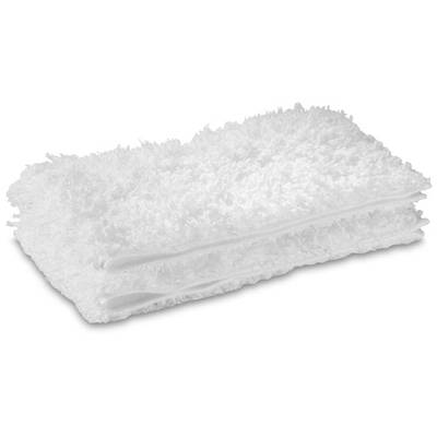 A folded white microfibre cloth with a fluffy texture, perfect for cleaning surfaces.