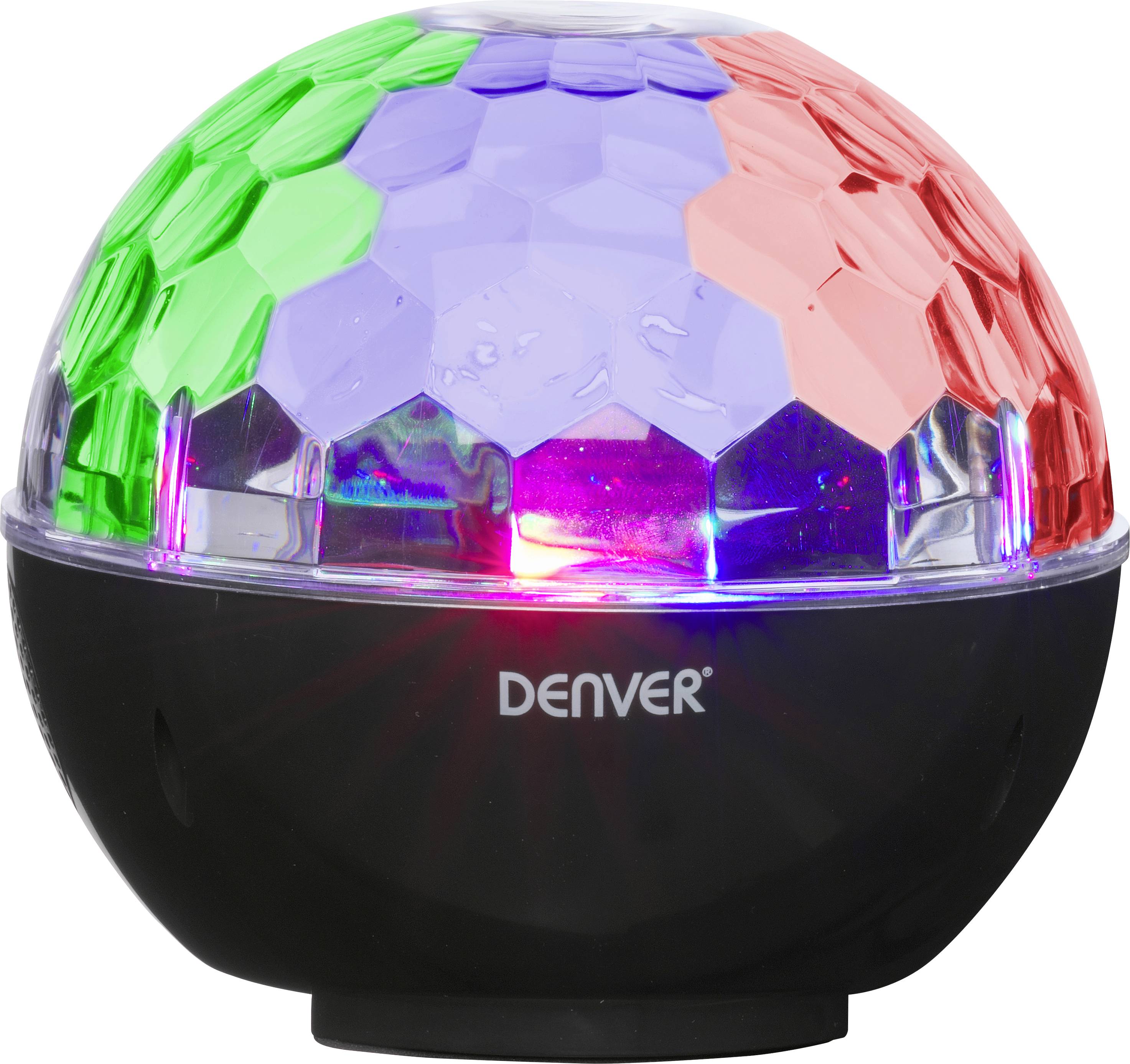 Black LED lamp with a half-round prismatic surface in red, green and blue. Text 'DENVER' on the front.