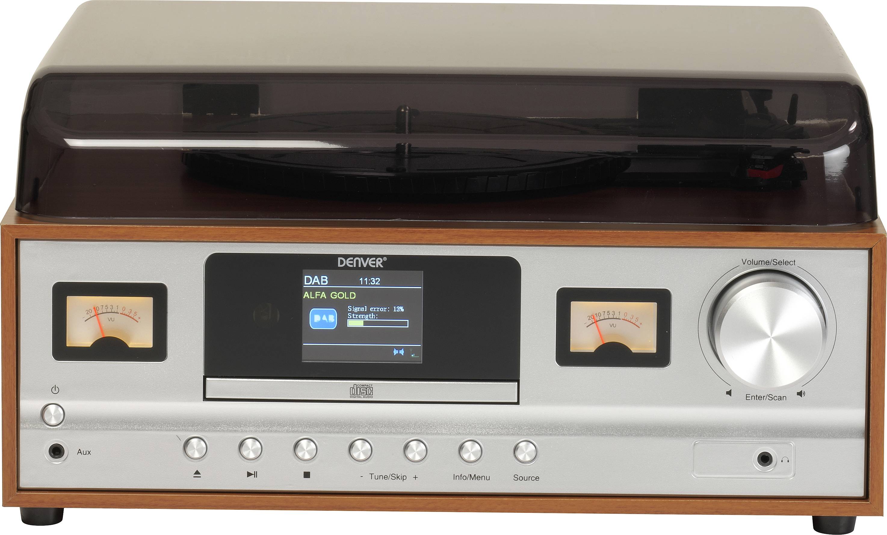 A retro record player with a wood-effect finish and glass lid. Digital display in the centre shows 'DAB' and station details. Large volume dial on the right.
