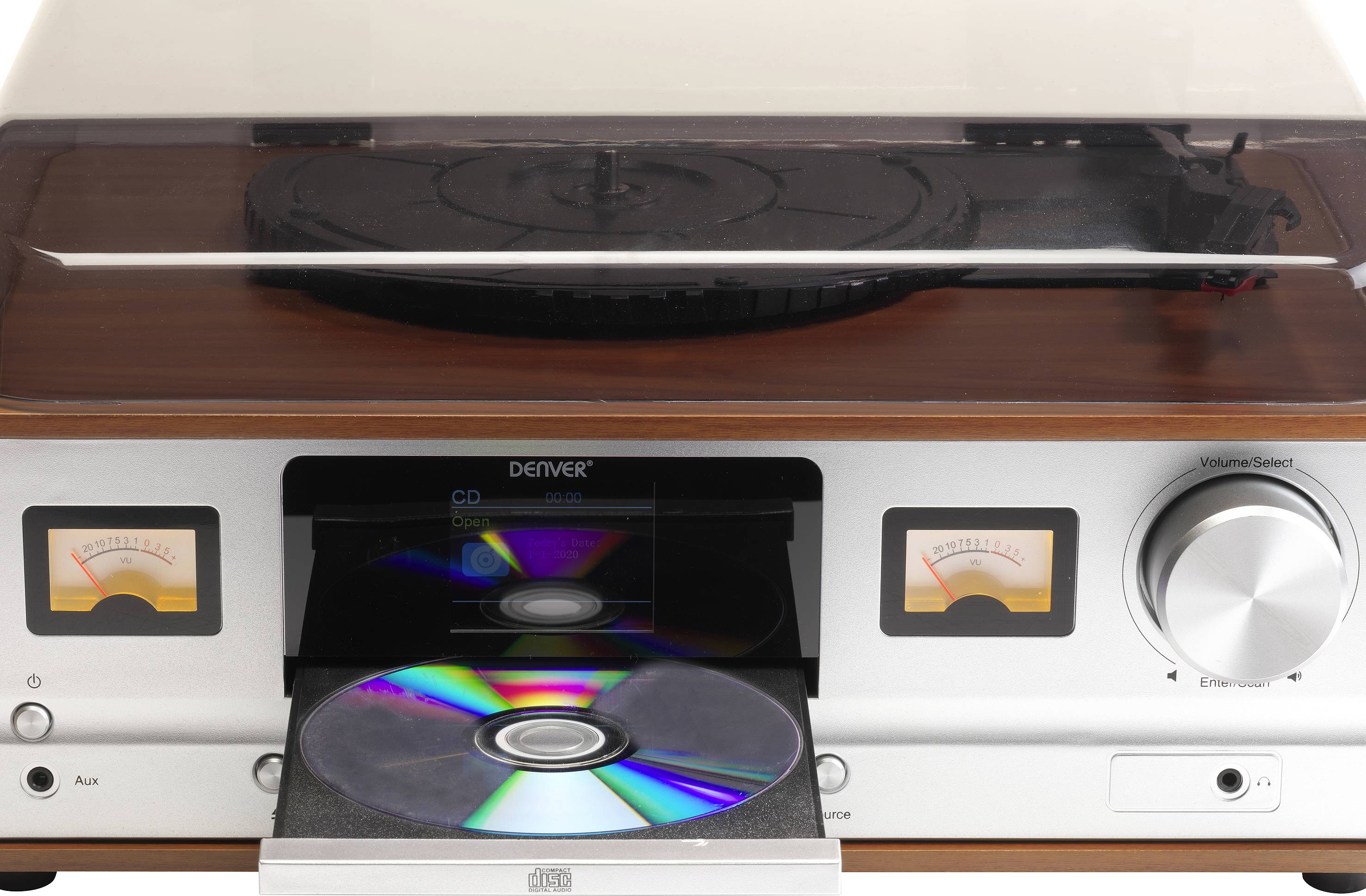 A record player with a CD player and volume control in a retro design. A CD tray is open, with a disc being inserted.
