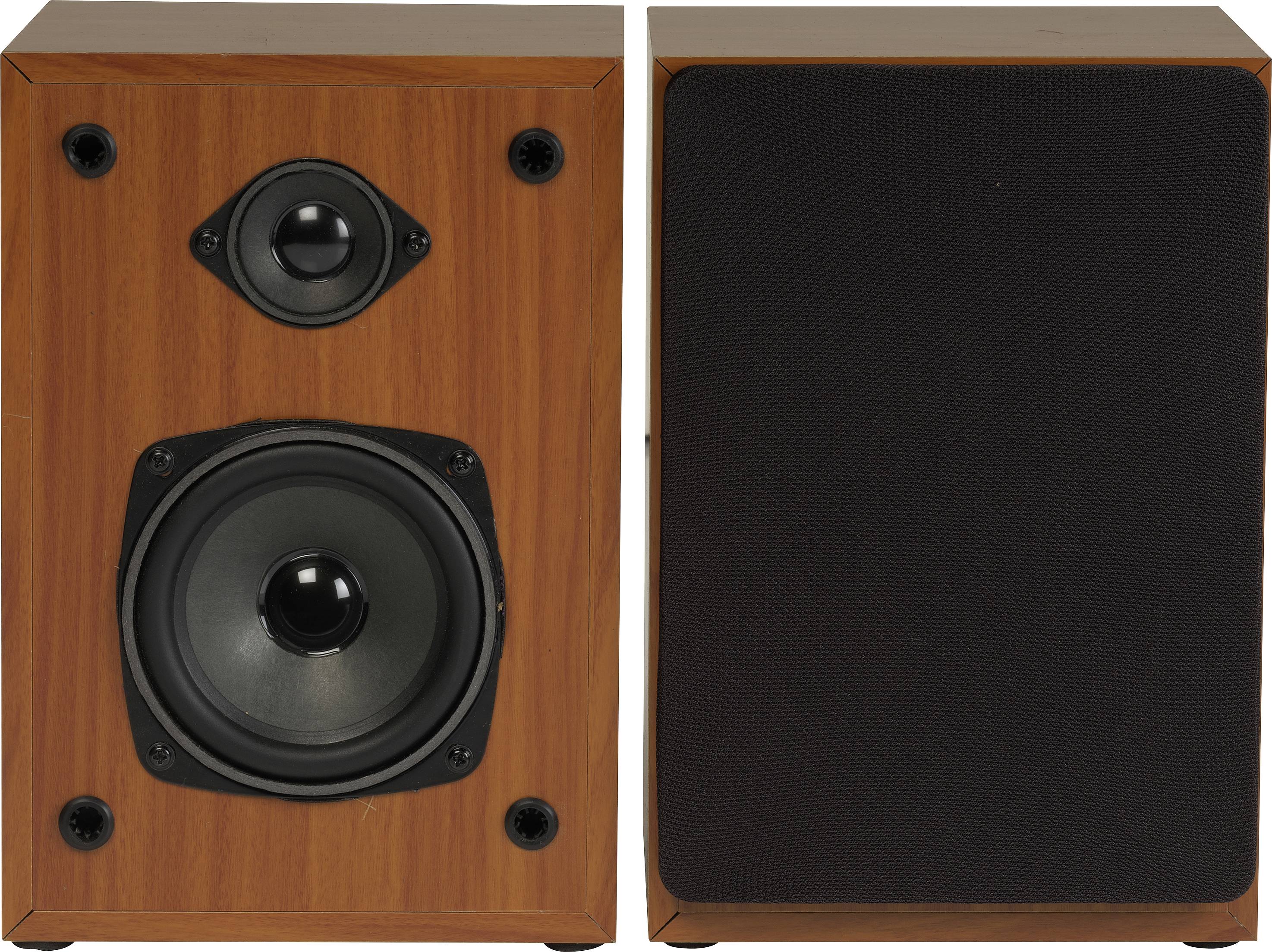 'A pair of speakers with a wood-effect finish, one with visible membranes and the other with a black protective grille.'
