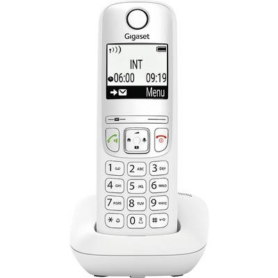 Cordless telephone in a charging station, displaying the time as 09:19. Keypad with numeric keys and function buttons for calls and menu.