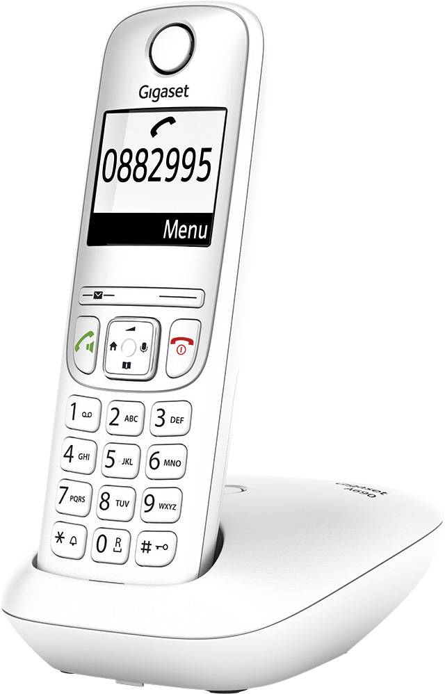 A white, cordless landline telephone on a base station, with a digital display showing the number '0882995'.