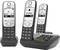 Three cordless Gigaset telephones with base station and digital display showing names and time. Suitable for hands-free use.