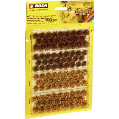 Packaging with 'Noch' brand model-building grass tufts, product 'Wild Flowers', item number 07012, on yellow cardboard.